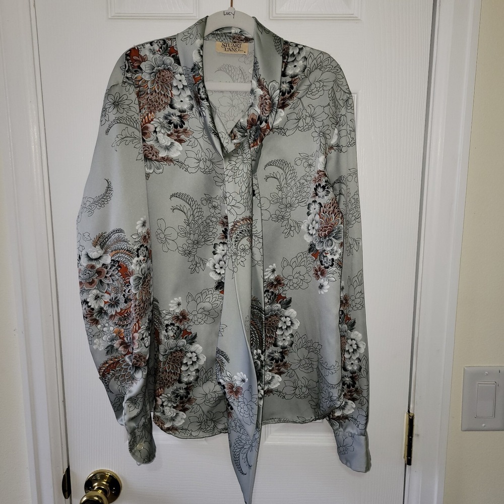 Stuart Lang Vintage‎ Blouse 11/12 Gray Floral Longsleeve Tie Button Satin AS IS